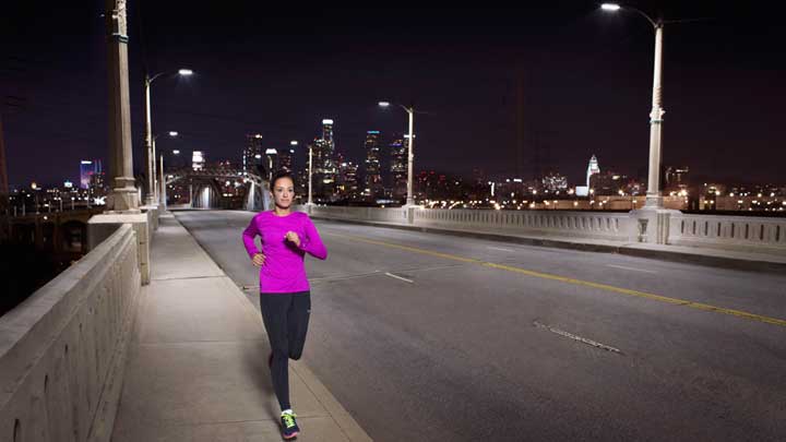 Running on a well illuminated street in Los Angeles City