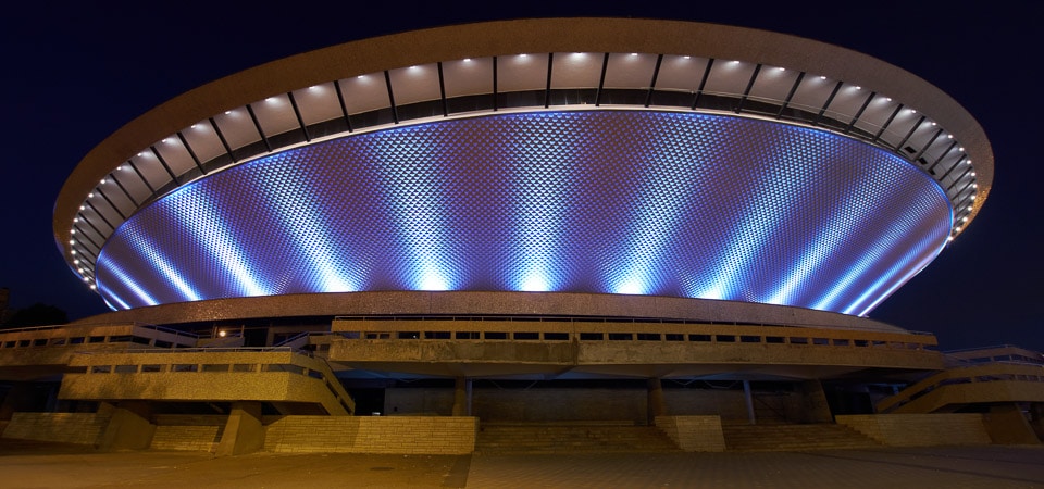 An office building lit up with LED lights