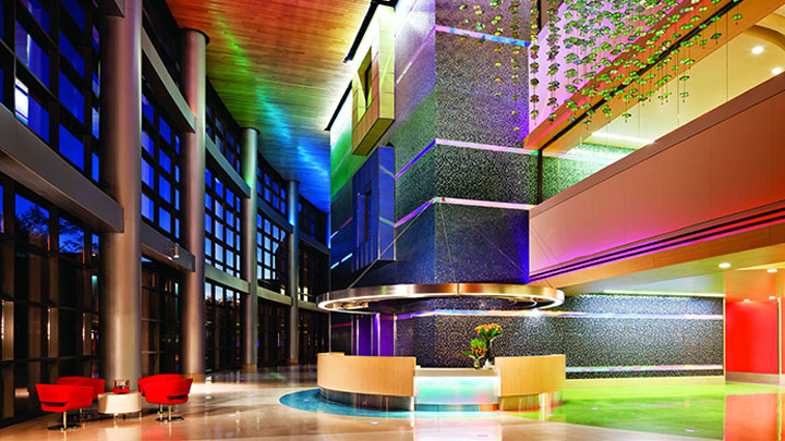 The reception area in the Phoenix childrens hospital lit up by Philips Lighting