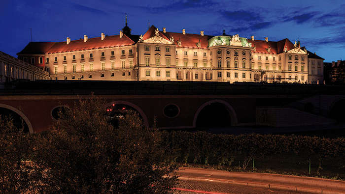 Exterior of Royal palace at Warsaw, Poland nicely lit by Philips lighting 