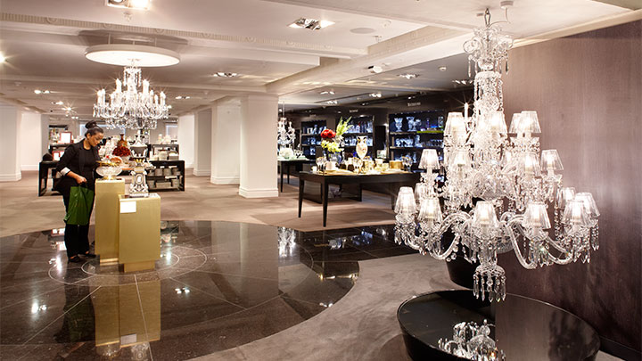 Chandeliers at Harrods, UK with Philips LED lamps in the shape of a candle