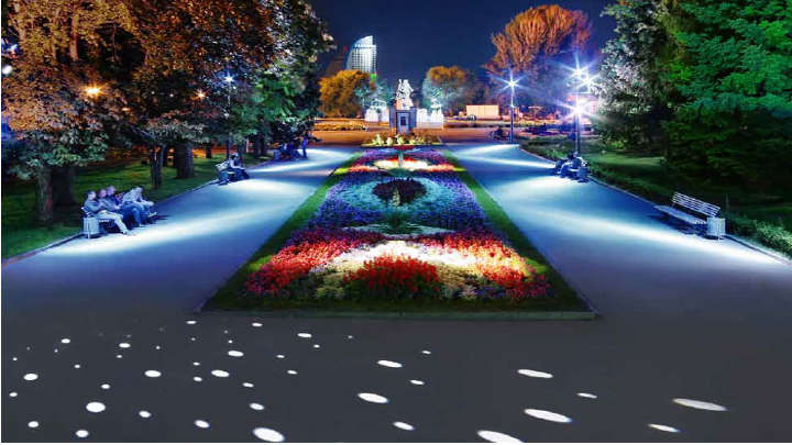 Taman dengan indah diterangi dengan pencahayaan Philips
