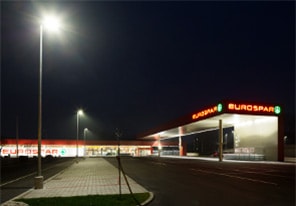 Outdoor parking at Eurospar, Vienna, Austria illuminated with Philip LED lighting 