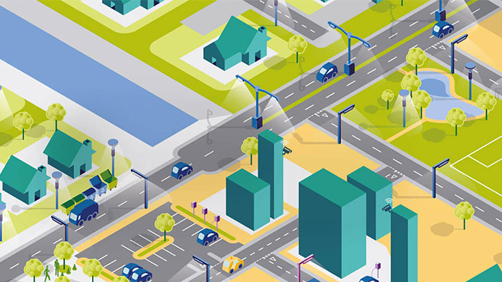 Ilustrasi peta kota sistem terbuka CityTouch - pencahayaan kota pintar
