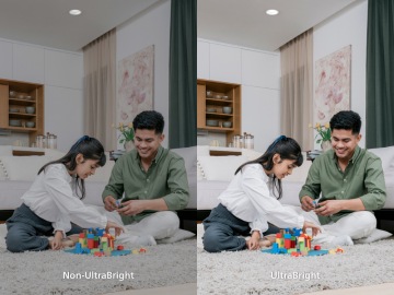 Side-by-side comparison of a family playing under Non-UltraBright and UltraBright lighting, which shows that UltraBright created a significantly brighter and more vibrant scene.