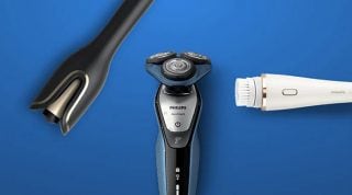 "Perangkat grooming Philips dengan latar belakang biru: alat cukur listrik, pemangkas jenggot, dan sikat pembersih wajah untuk perawatan pribadi pria."